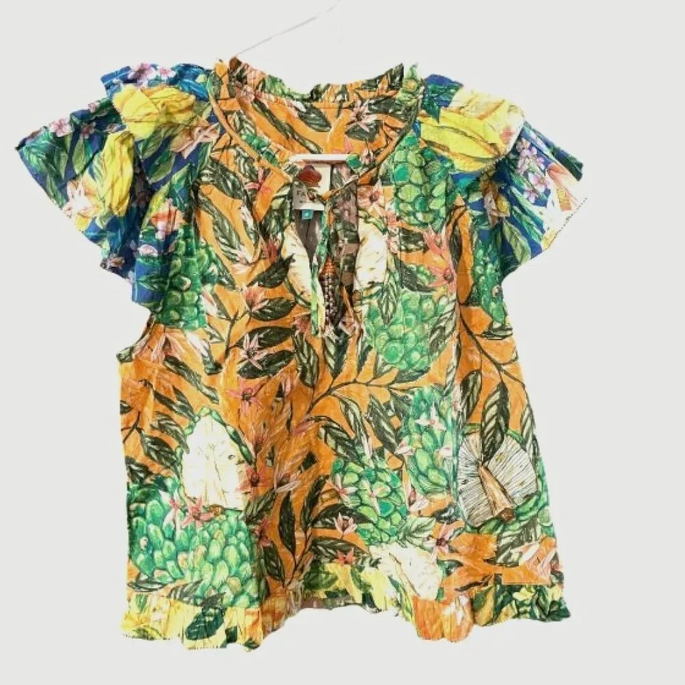 NWOT FARM RIO Caipirinha flutter sleeve blouse tropical design size M - Picture 1 of 6